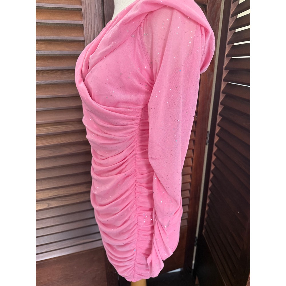 SHEIN Pink Glitter Mesh Ruched Bodycon Mini Dress Long Sleeve Wrap Front XL - Picture 3 of 9